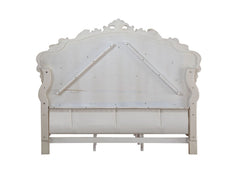 Antiqued White Wood And Tufted Silk Queen Bed Frame With Nailhead Trim