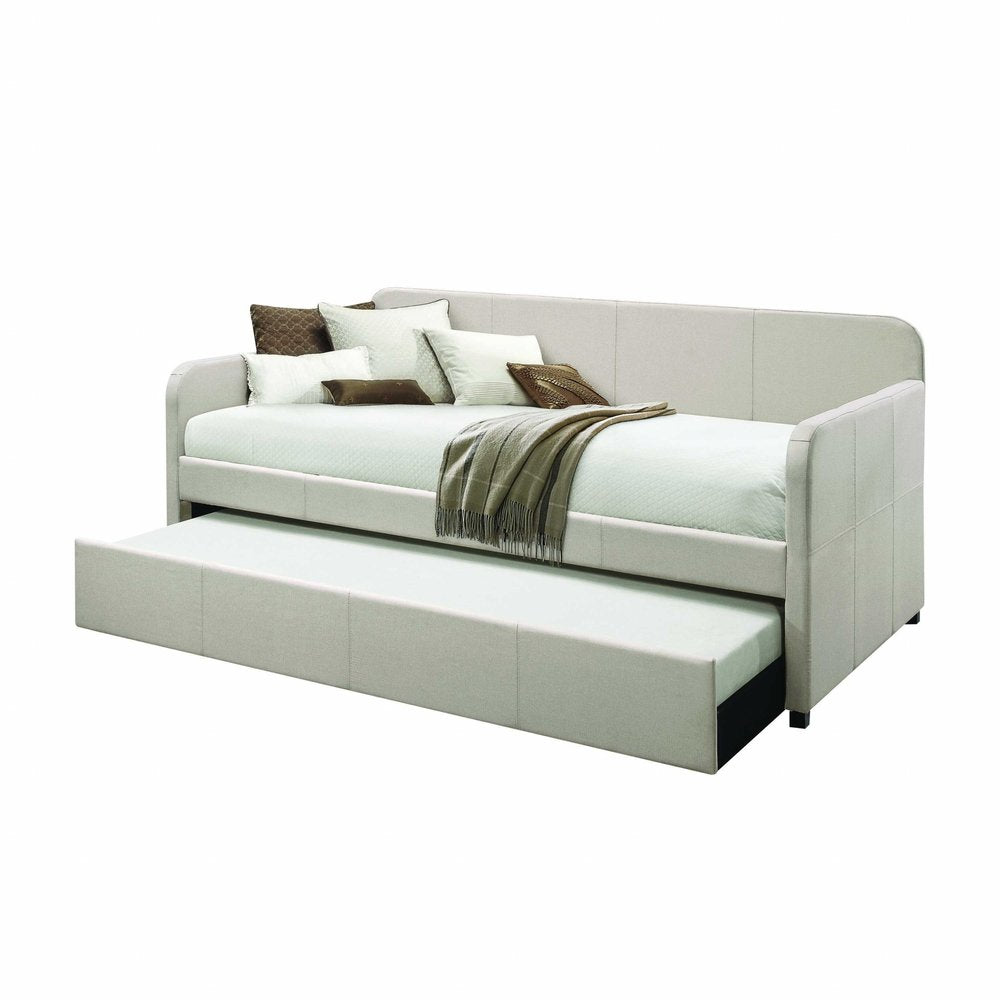 White and Light Gray Wood And Linen Twin Bed Frame