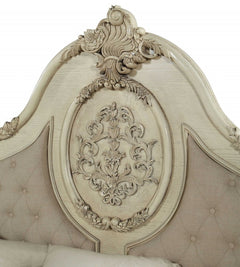 Antiqued White Solid Wood Tufted Upholstered Linen Bed Frame