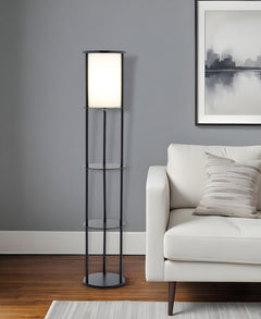 63" Black Wood Column Floor Lamp With White Fabric Cylinder Shade