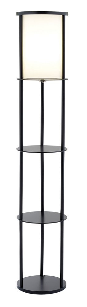 63" Black Wood Column Floor Lamp With White Fabric Cylinder Shade
