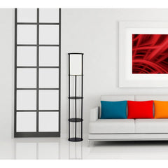 63" Black Wood Column Floor Lamp With White Fabric Cylinder Shade