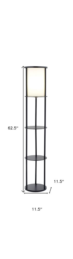 63" Black Wood Column Floor Lamp With White Fabric Cylinder Shade