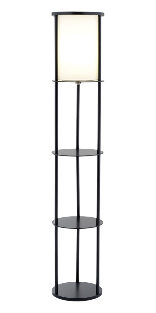 63" Black Wood Column Floor Lamp With White Fabric Cylinder Shade