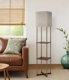 62" Brass Column Floor Lamp With Gray Fabric Square Shade
