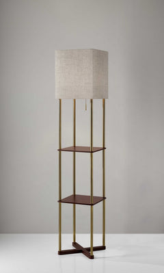 62" Brass Column Floor Lamp With Gray Fabric Square Shade