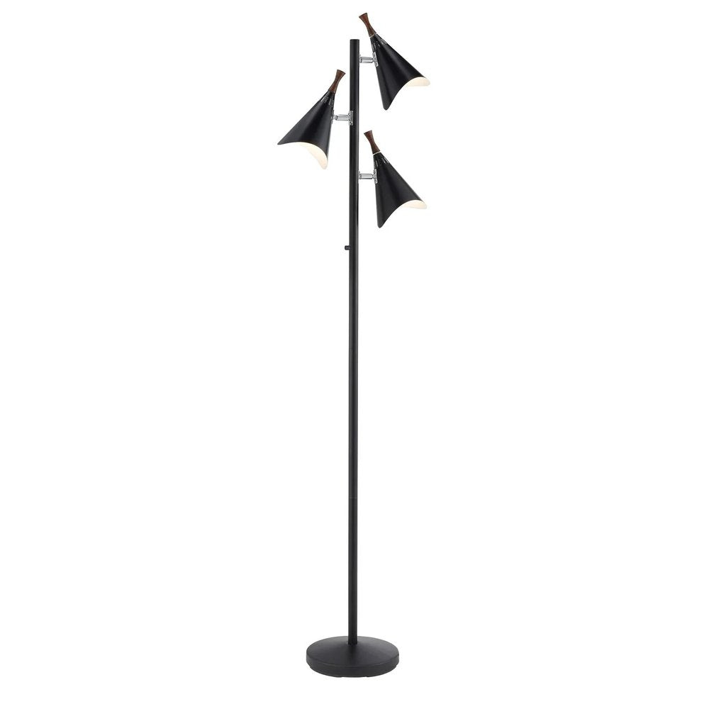 68" Black Three Light Tree Floor Lamp With Black Metal Cone Shade