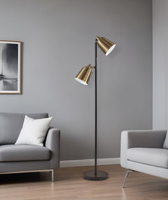 58" Black Two Light Task Floor Lamp With Antiqued Brass Metal Cone Shade