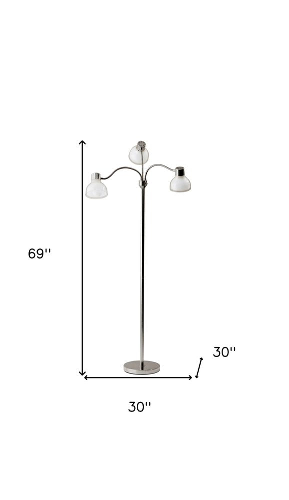 69" Black And White Metal Three Light Tree Floor Lamp With White Bowl Shade