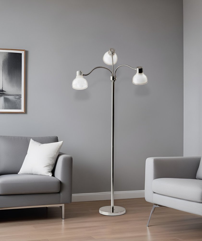 69" Black And White Metal Three Light Tree Floor Lamp With White Bowl Shade