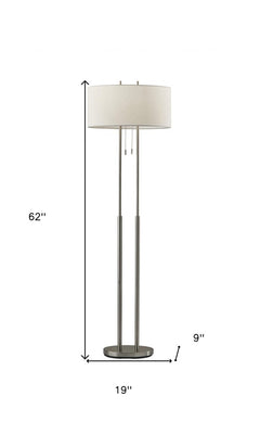 62" Silver Metal Task Floor Lamp With White Fabric Drum Shade