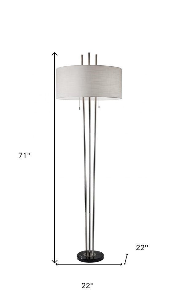 71" Silver Metal Two Light Floor Lamp With White Linen Drum Shade