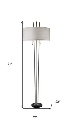 71" Silver Metal Two Light Floor Lamp With White Linen Drum Shade