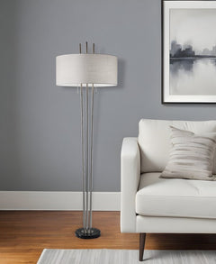 71" Silver Metal Two Light Floor Lamp With White Linen Drum Shade