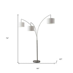 74" Silver Three Light Tree Floor Lamp With White Linen Drum Shade