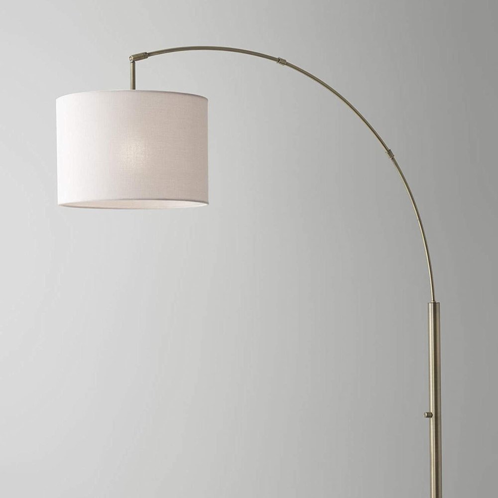 74" Brass Metal Arc Floor Lamp With Off White Linen Drum Shade