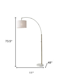 74" Brass Metal Arc Floor Lamp With Off White Linen Drum Shade