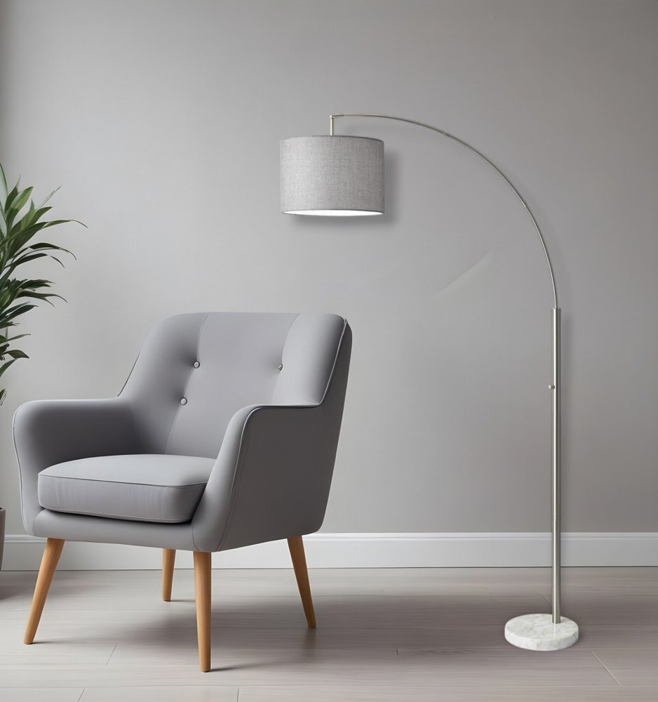 74" Brass Metal Arc Floor Lamp With Off White Linen Drum Shade