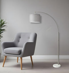 74" Brass Metal Arc Floor Lamp With Off White Linen Drum Shade