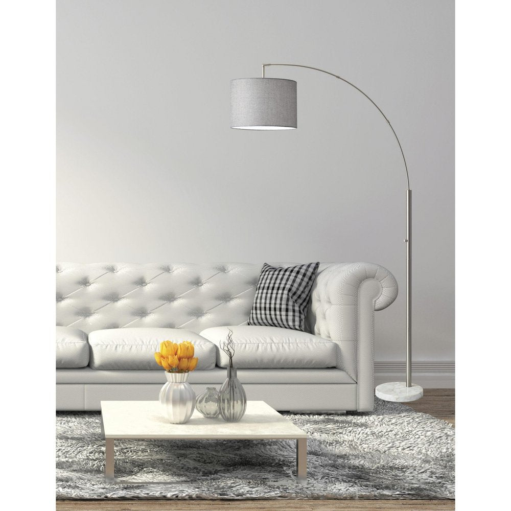 74" Brass Metal Arc Floor Lamp With Off White Linen Drum Shade