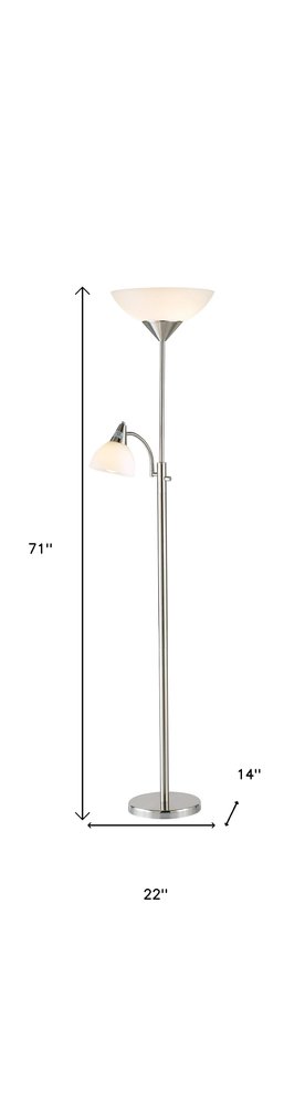 71" Silver Metal Two Light Torchiere Floor Lamp With White Bowl Shade