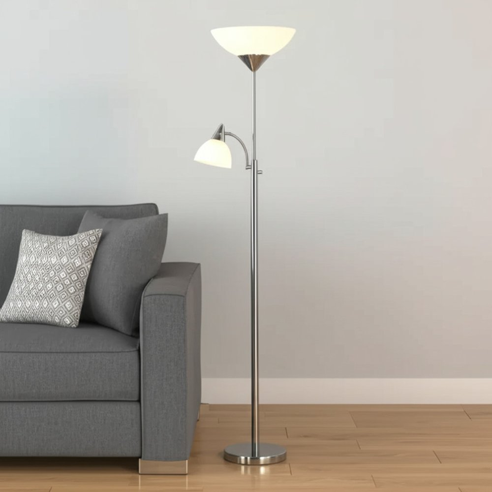 71" Silver Metal Two Light Torchiere Floor Lamp With White Bowl Shade