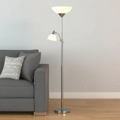71" Silver Metal Two Light Torchiere Floor Lamp With White Bowl Shade