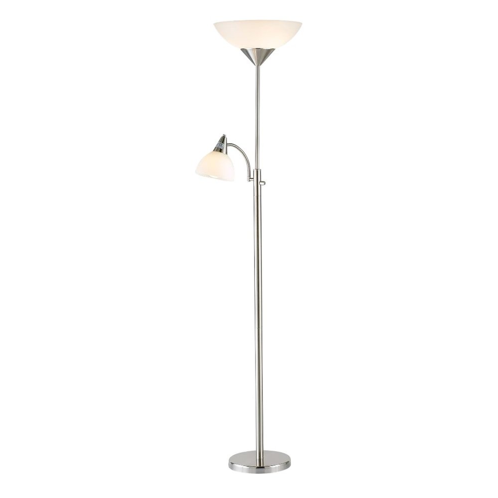 71" Silver Metal Two Light Torchiere Floor Lamp With White Bowl Shade