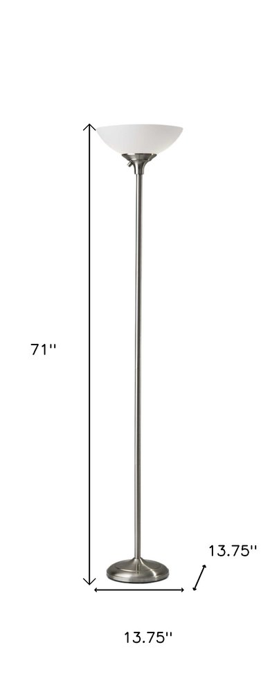 71" Silver Metal Torchiere Floor Lamp With White Bowl Shade