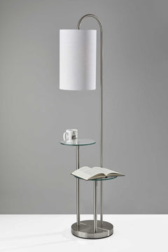 66" Silver Tray Table Floor Lamp With White Fabric Drum Shade