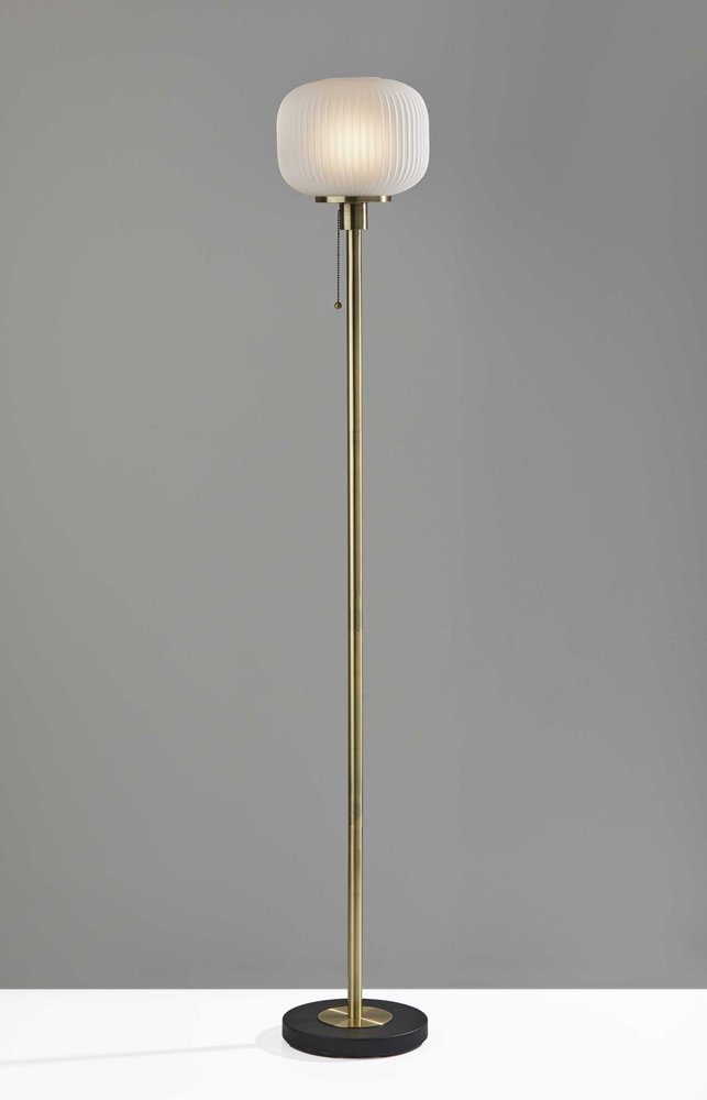 65" Brass Torchiere Floor Lamp With White Acrylic Globe Shade