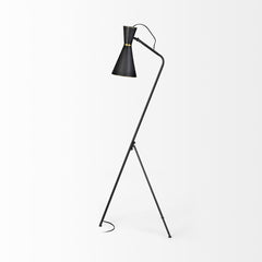 58" Black Metal Tripod Floor Lamp With Black And Gold Metal Cone Shade