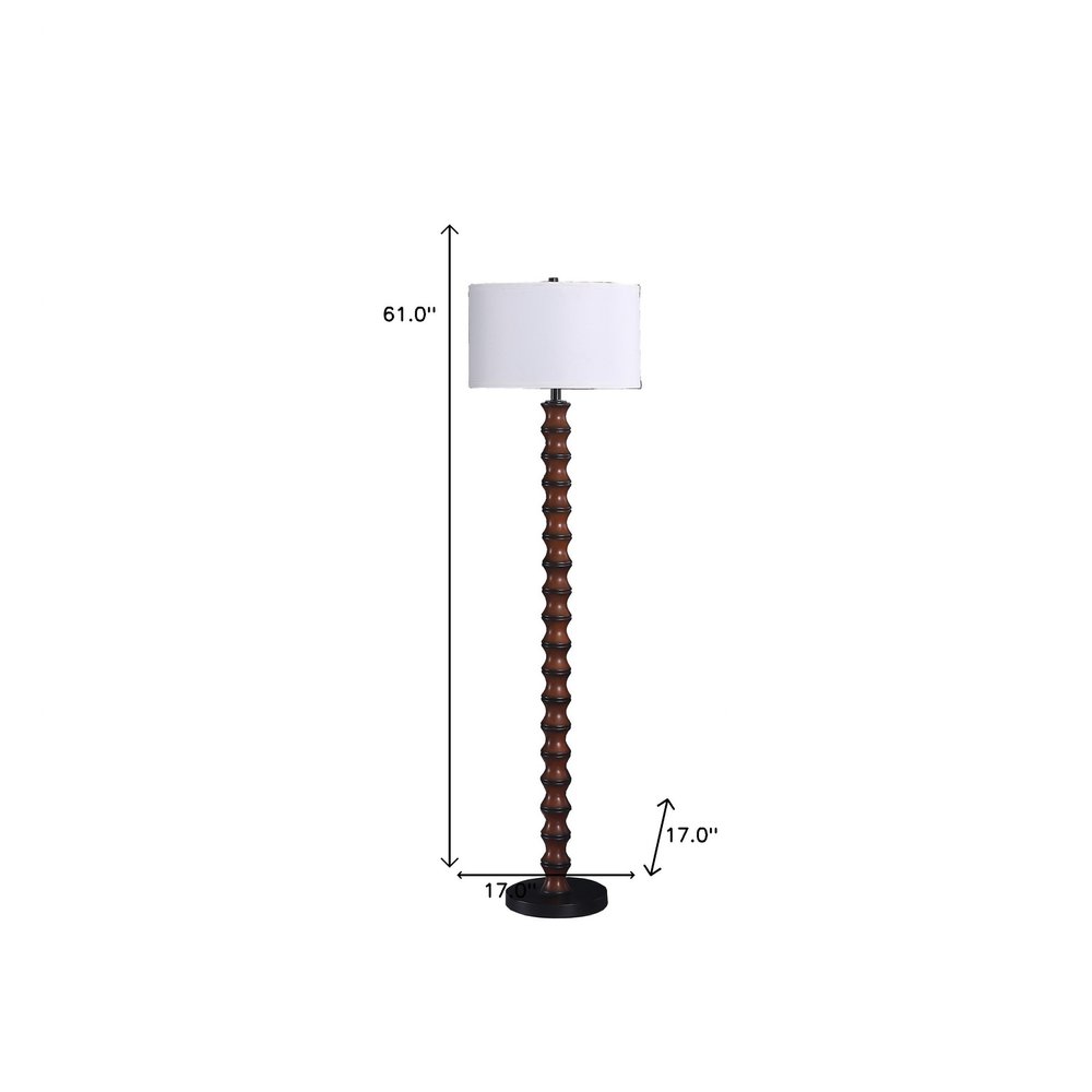 61" Brown And White Resin Floor Lamp With White Fabric Drum Shade