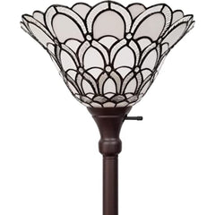 62" Brown And White Floor Lamp With White Peacock Feather Glass Bell Shade