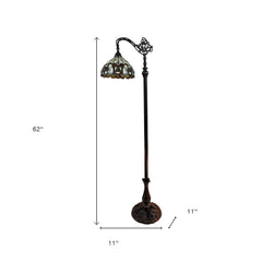 62" Brown Metal Arched Floor Lamp With Amber and Red Flowers Stained Glass Shade