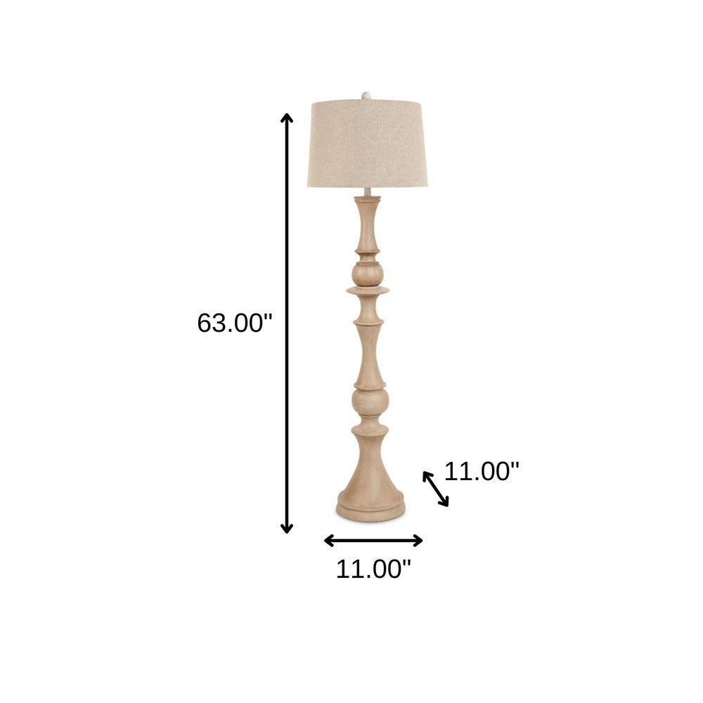 63" Natural Sculpted Stick Floor Lamp With Beige Burlap Drum Shade