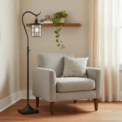 60" Antiqued Bronze Lantern Style Floor Lamp With Glass and Metal Shade