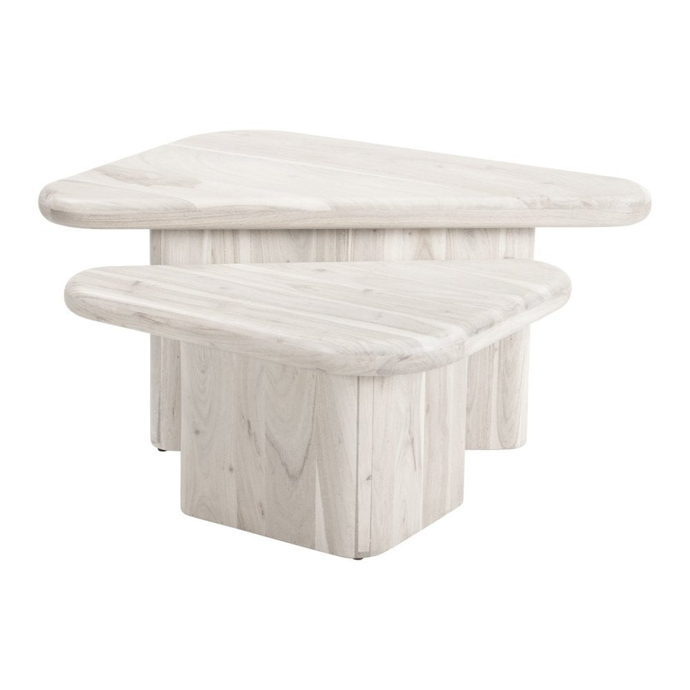 Set of Two Natural Solid Wood Triangle Pedestal Nested Coffee Tables