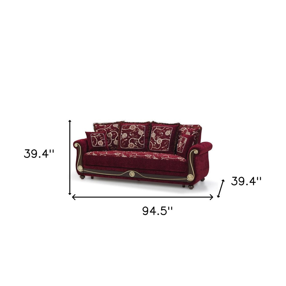 95" Burgundy Chenille Convertible Futon Sleeper Sofa And Toss Pillows With Storage