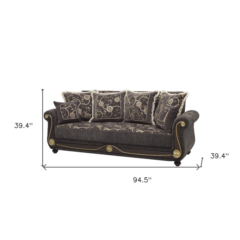 95" Gray Chenille Convertible Futon Sleeper Sofa And Toss Pillows With Storage