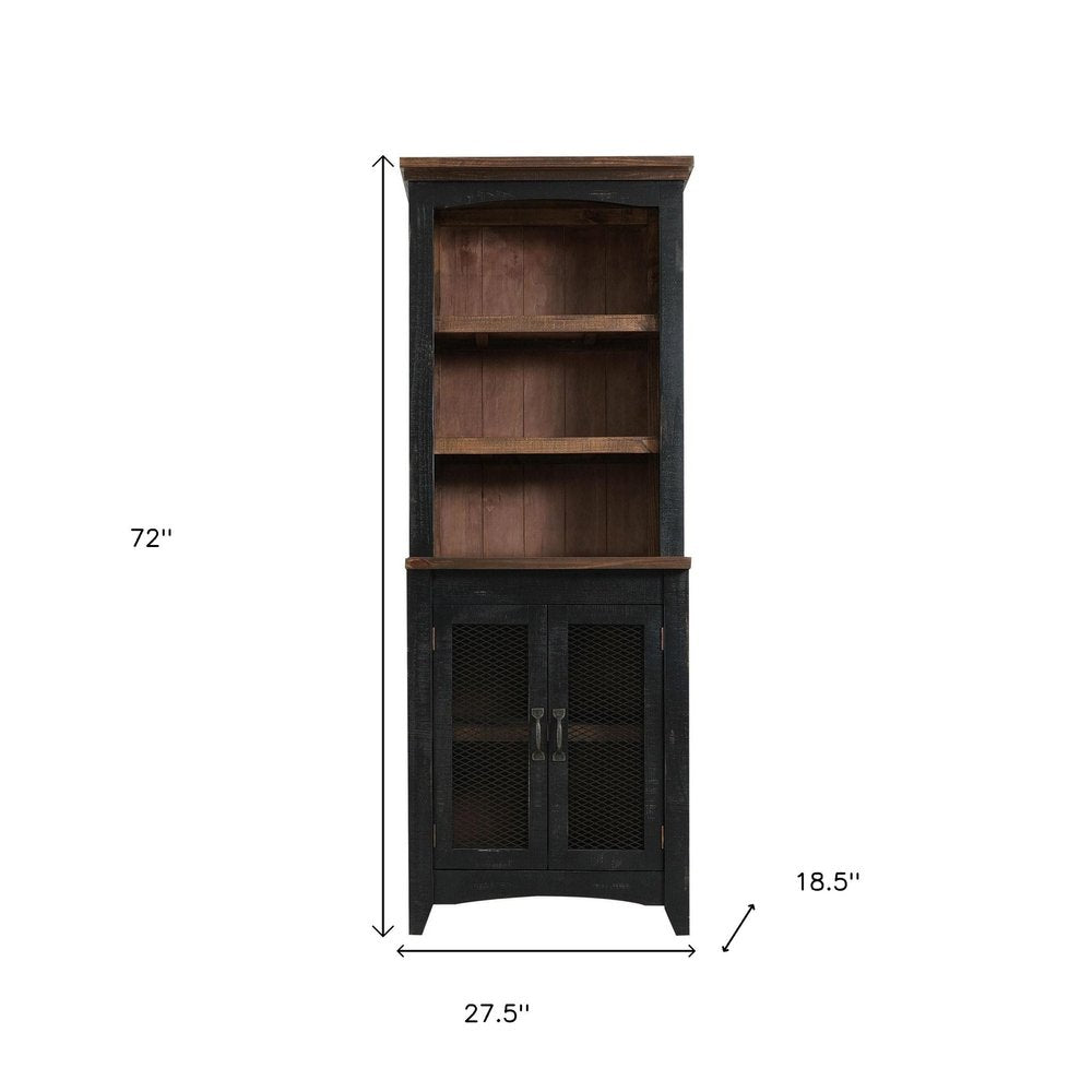 72" Brown and Black Distressed Wood Dining Hutch With Two Doors