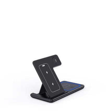Black wireless charging stand on a white background