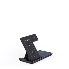 Black wireless charging stand on a white background