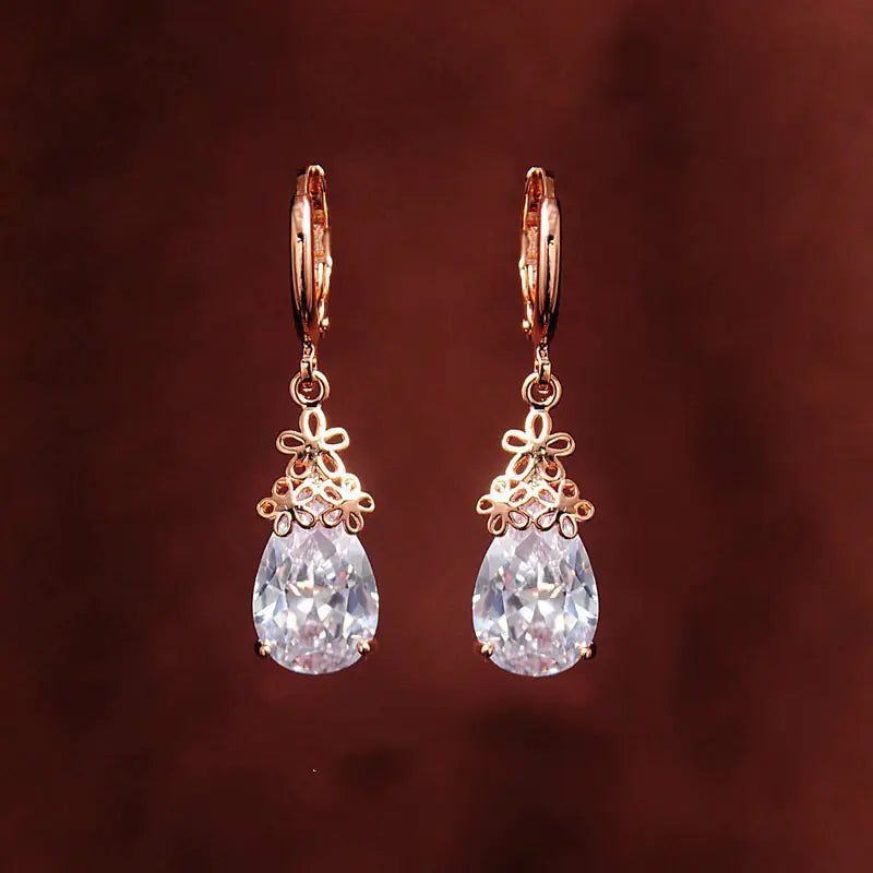 Elegant clear zircon Chinese Knot Water Drop Earrings with floral copper design, ideal for bridal and formal jewelry collections.