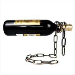 Copper suspension chain wine rack holding a wine bottle horizontally, creating a magical floating bottle display for wine lovers.