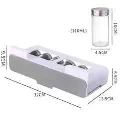 Product dimensions of spice rack and jar, showing 32cm width and 110ml jar size for efficient kitchen spice storage.