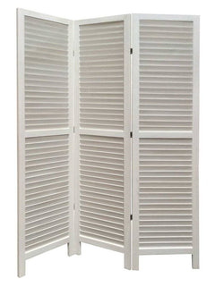 67" white wood folding three-panel screen room divider with slatted design, ideal for privacy and decoration.