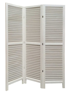 67" White Wood Folding Three Panel Screen Room Divider with slatted design, ideal for privacy and decoration.