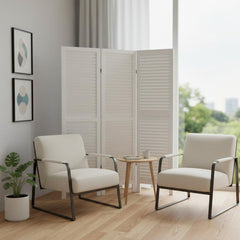 67" White Wood Folding Three Panel Screen Room Divider in a modern living space with two chairs and a small table.