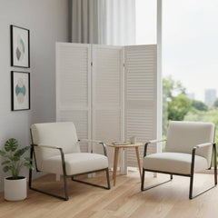 67" White Wood Folding Three Panel Screen Room Divider in a modern living space with two chairs, a table, and plants.